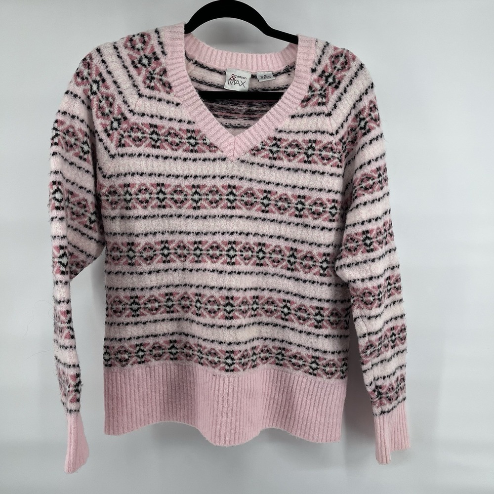 Madison & Max Womens Size Medium Sweater Pink Striped Fair Isle Fuzzy V-Neck Y2K